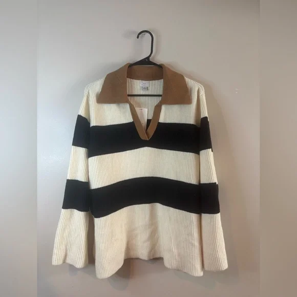 A New Day Cream/Black Stripe Chunky V-Neck Sweater